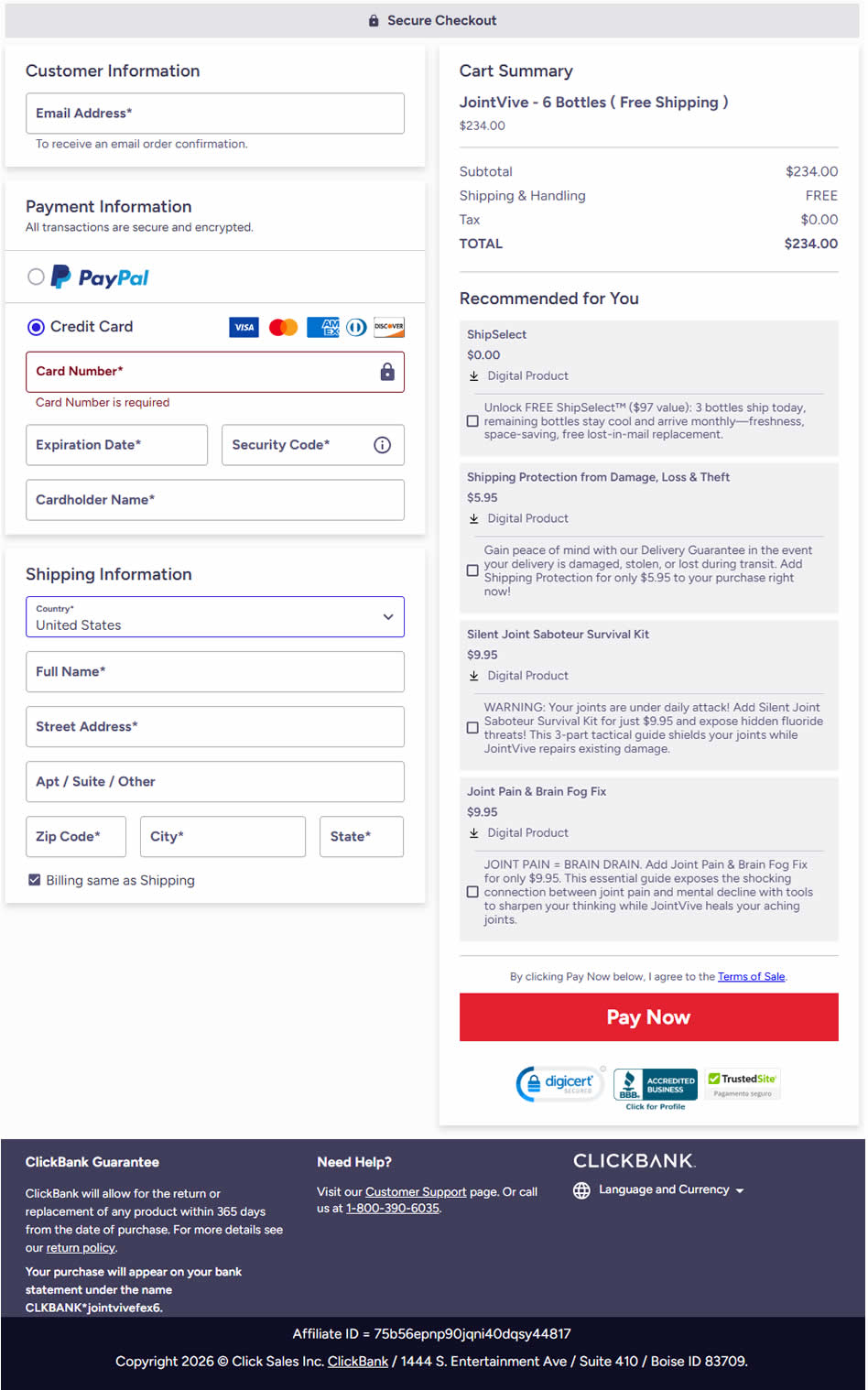JointVive Order Checkout Page